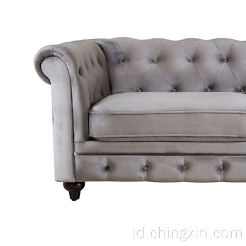 Furniture Ruang Tamu Gaya Eropa Tuffed Beludru Chesterfield Sofa Sofa Abu-abu